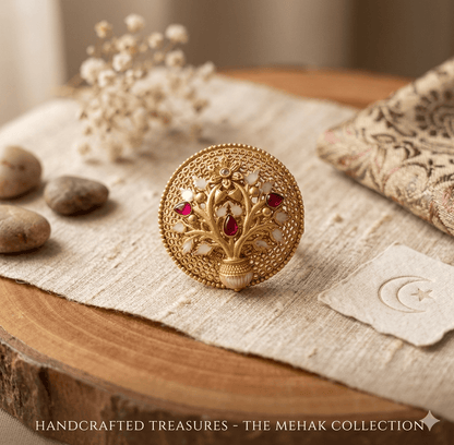 the Zevar Gold plated ring Shahi Kalpavriksha Antique Gold Statement Ring | Tree of Life Cocktail Ring