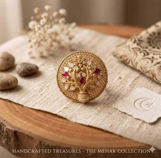 the Zevar Gold plated ring Shahi Kalpavriksha Antique Gold Statement Ring | Tree of Life Cocktail Ring
