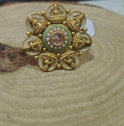 the Zevar Gold ring Ashtalakshmi Antique Statement Ring – Gold Plated Temple Jewelry with Mint Meenakari