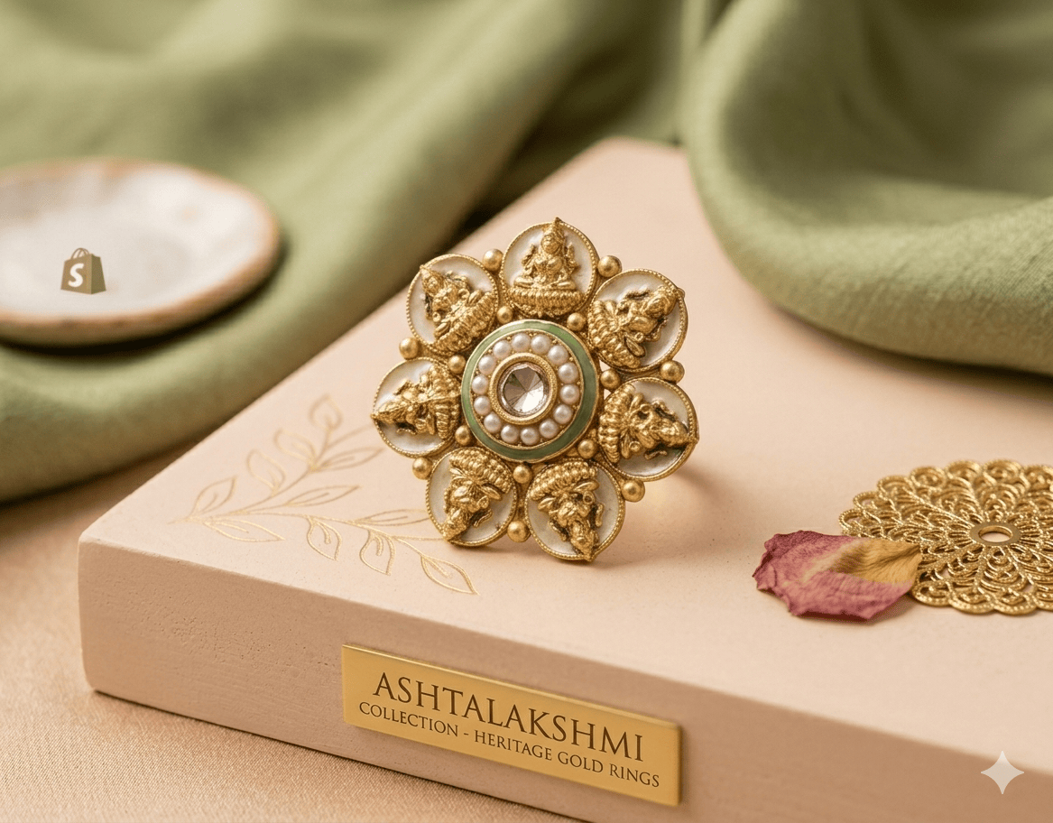 the Zevar Gold ring Ashtalakshmi Antique Statement Ring – Gold Plated Temple Jewelry with Mint Meenakari