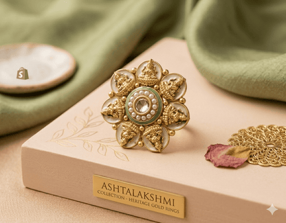the Zevar Gold ring Ashtalakshmi Antique Statement Ring – Gold Plated Temple Jewelry with Mint Meenakari