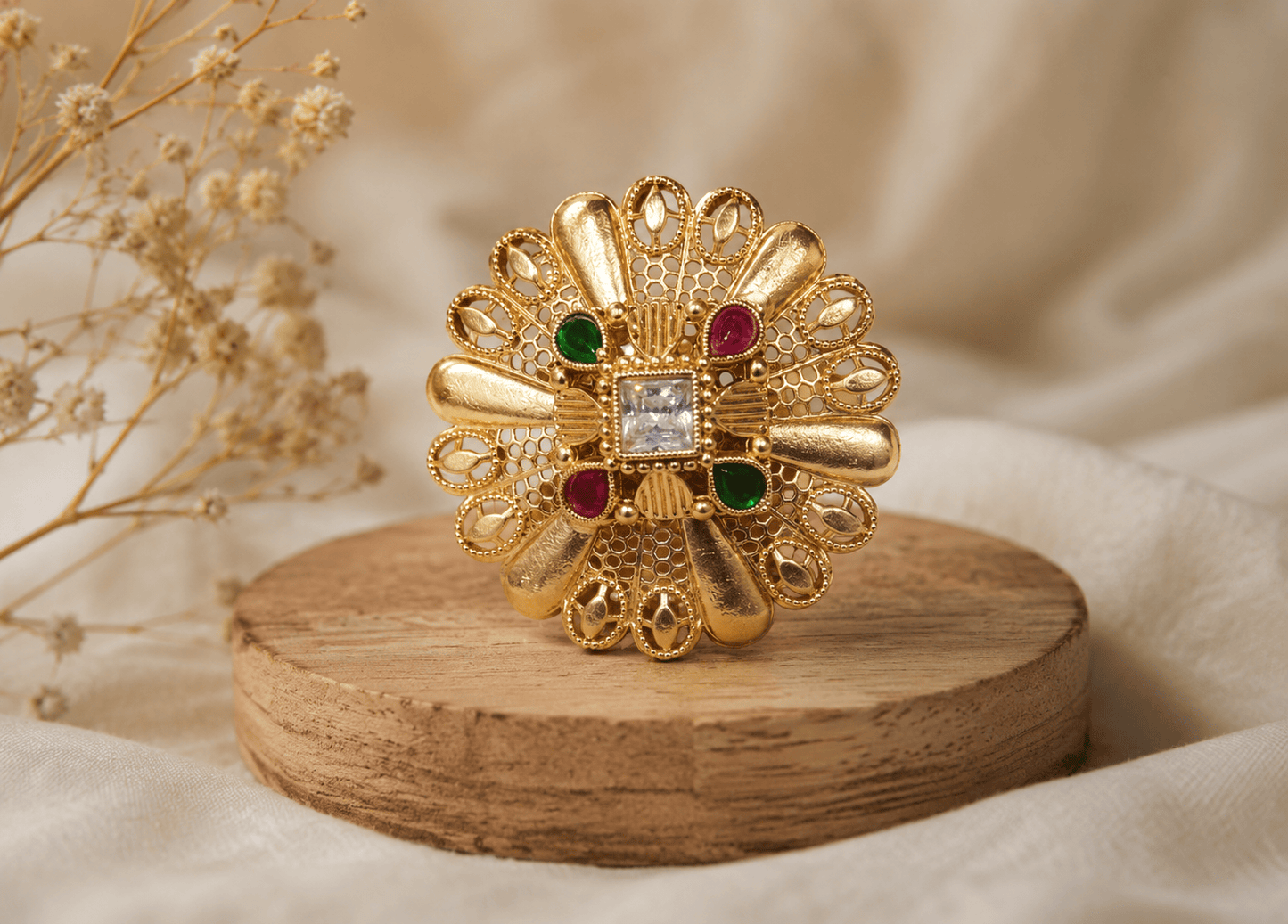 the Zevar Gold ring Traditional Stone Studded Statement Ring