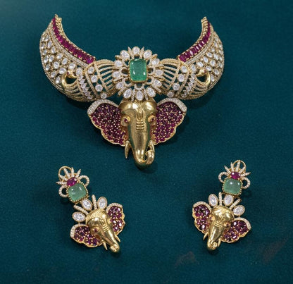 The Zevar Jewellery Bridal Jewelry Set Royal Kundan Ganesha Emerald Bridal Necklace Set
