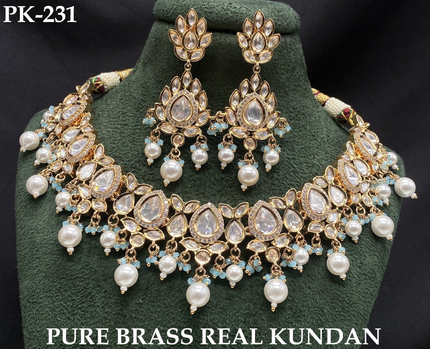 The Zevar Jewellery royal kundan bridal necklace set Brass / Blue Royal Kundan Pearl Bridal Necklace Set (Pure Brass)