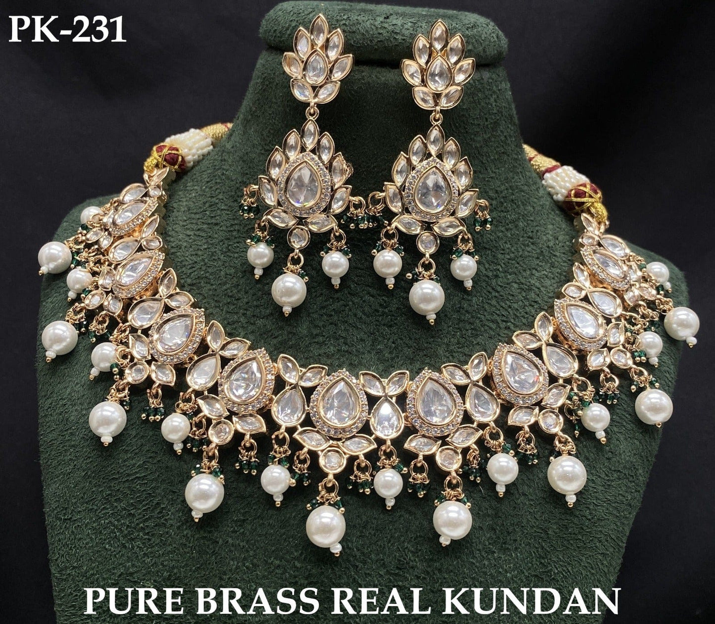 The Zevar Jewellery royal kundan bridal necklace set Brass / Dark Green Royal Kundan Pearl Bridal Necklace Set (Pure Brass)