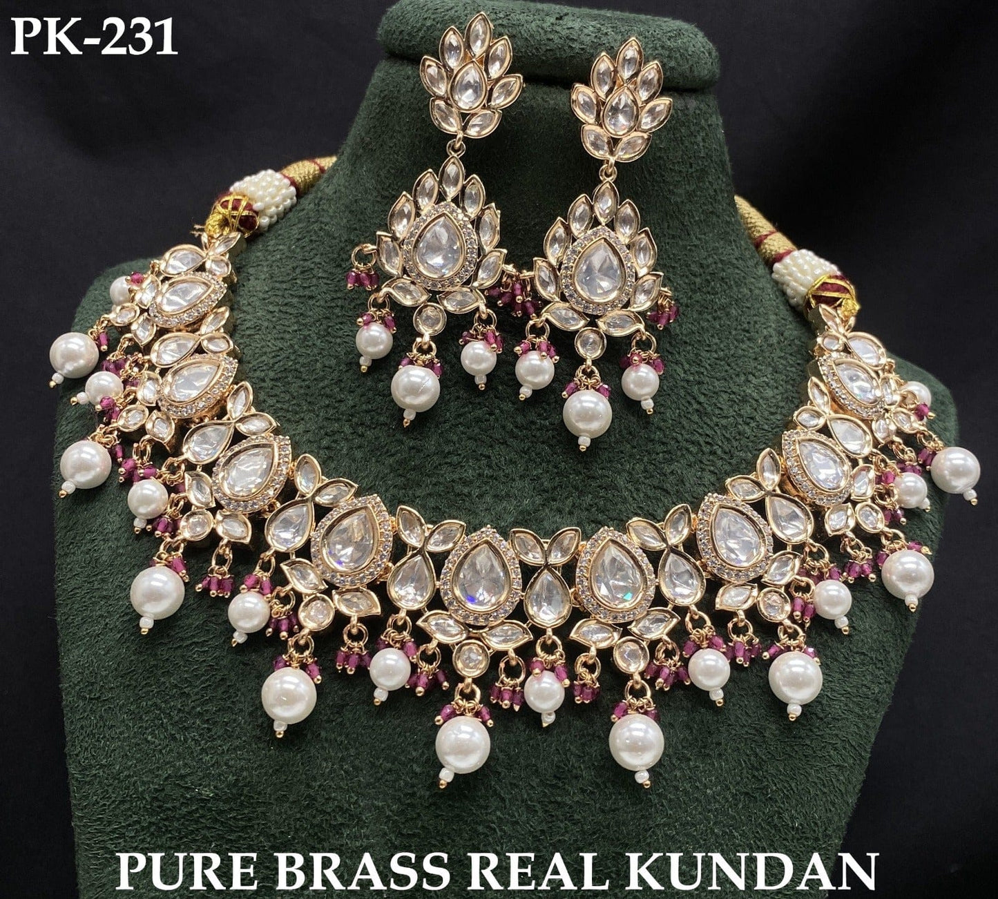 The Zevar Jewellery royal kundan bridal necklace set Brass / Pink Royal Kundan Pearl Bridal Necklace Set (Pure Brass)