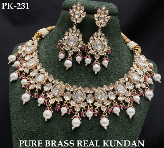 The Zevar Jewellery royal kundan bridal necklace set Brass / Pink Royal Kundan Pearl Bridal Necklace Set (Pure Brass)