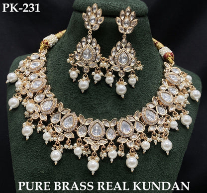 The Zevar Jewellery royal kundan bridal necklace set Brass / White Royal Kundan Pearl Bridal Necklace Set (Pure Brass)