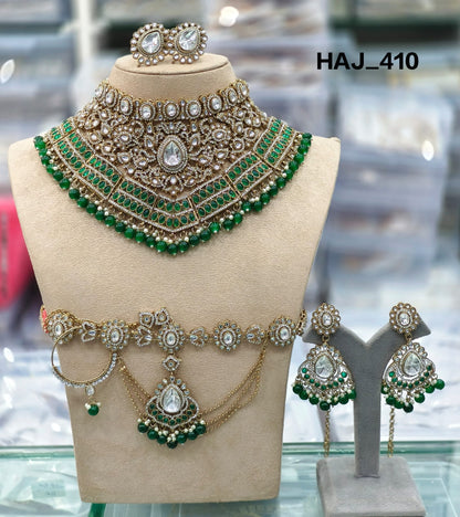 the Zevar Kundan Bridal Choker Necklace Set Emerald Green Luxurious Kundan Bridal Choker Necklace Set - A Complete Traditional Jewelry Suite.