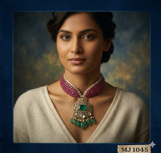 the Zevar Kundan Bridal Choker Necklace Set Royal Emerald & Ruby Beaded Choker Necklace with Kundan Pendant