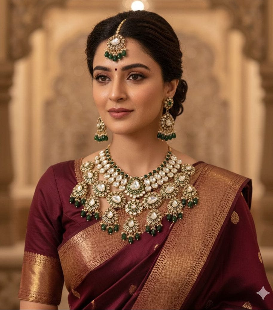 the Zevar Kundan Bridal Choker Necklace Set Royal Kundan Bridal Choker Necklace Set with Matching Jhumka & Maang Tikka