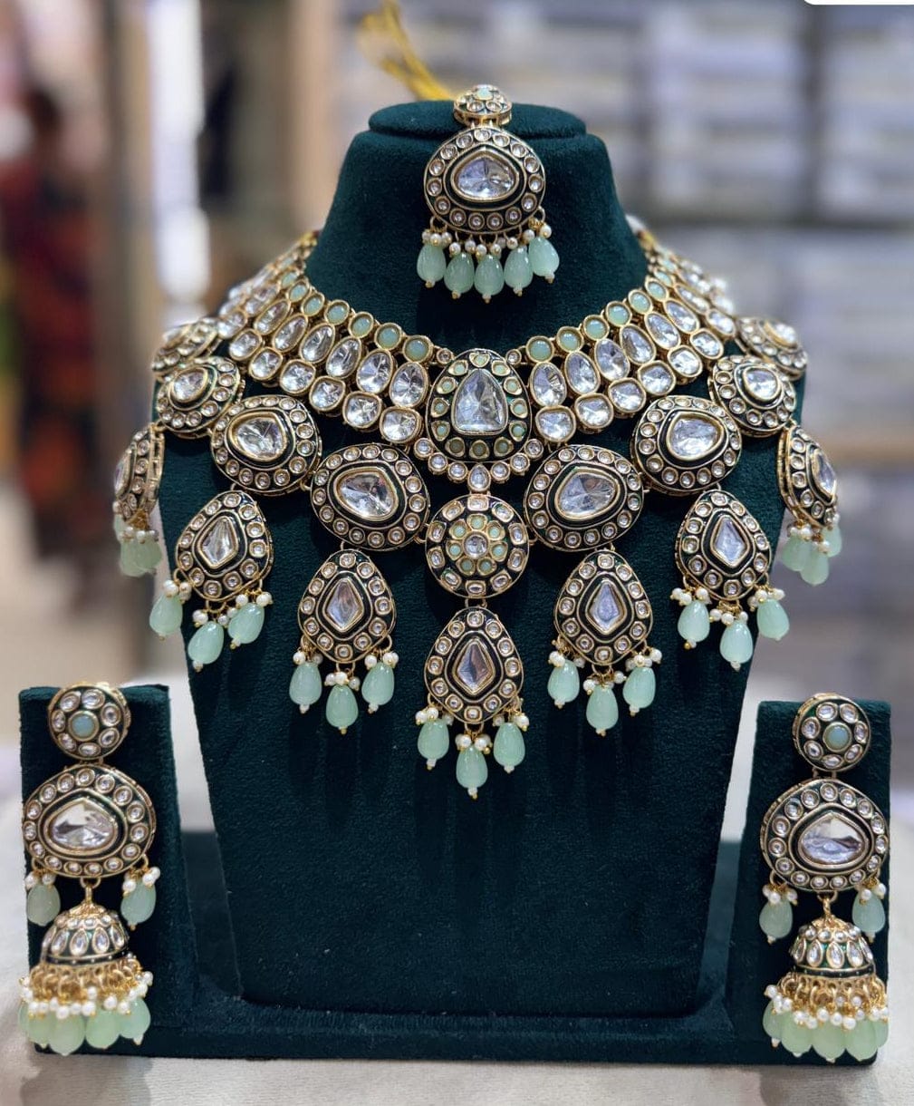 the Zevar Kundan Bridal Choker Necklace Set sea green Royal Kundan Bridal Choker Necklace Set with Matching Jhumka & Maang Tikka