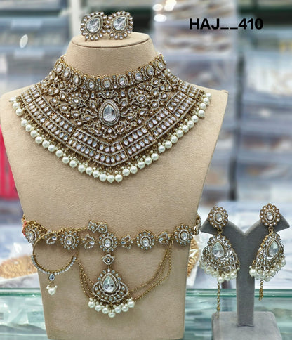 the Zevar Kundan Bridal Choker Necklace Set White Luxurious Kundan Bridal Choker Necklace Set - A Complete Traditional Jewelry Suite.