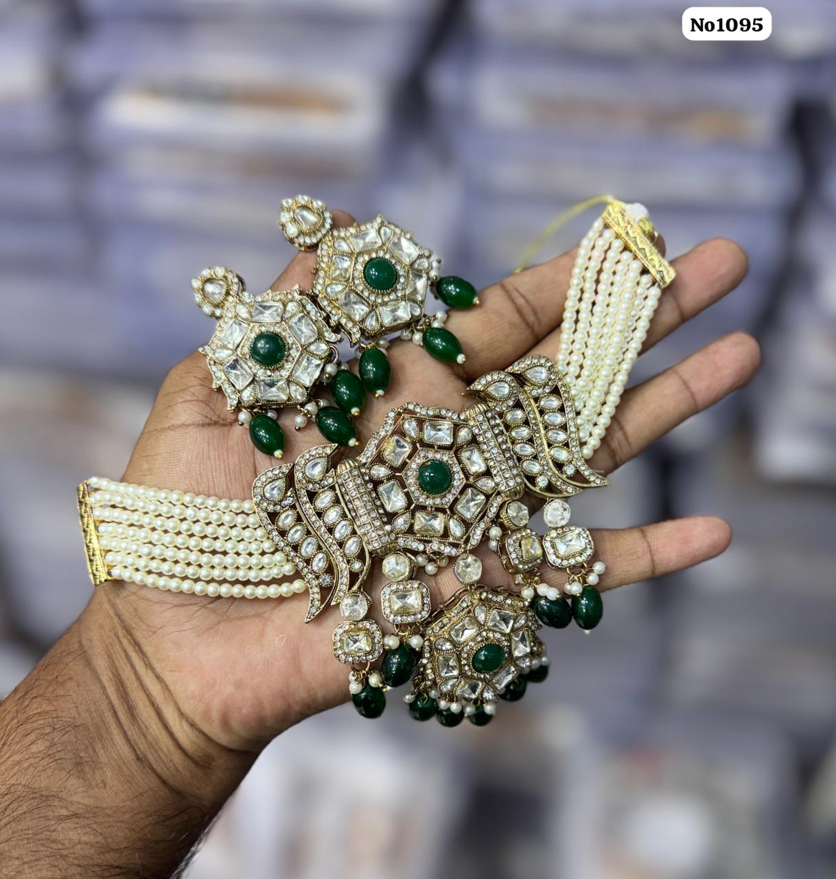 the Zevar Kundan Bridal Jewellery Emrald green Heritage Green Kundan Bridal Choker Set