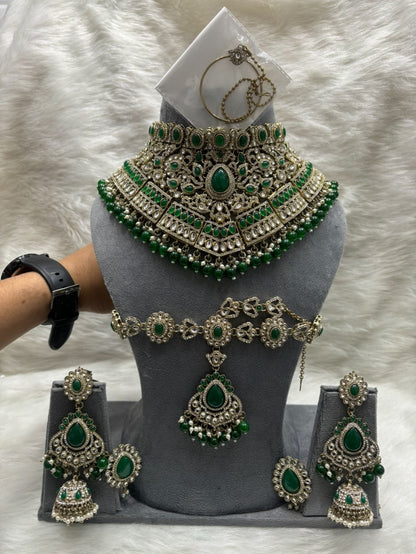 the Zevar Kundan Bridal Jewelry Set Emerald Green Regal Emerald Green Handcrafted Kundan Bridal Jewellery Set with Mathapatti & Nath