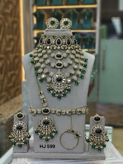 the Zevar Kundan Bridal Jewelry Set Green Luxury Kundan Bridal Layered Necklace Set with Earrings