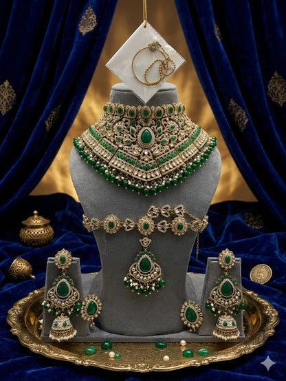 the Zevar Kundan Bridal Jewelry Set Regal Emerald Green Handcrafted Kundan Bridal Jewellery Set with Mathapatti & Nath