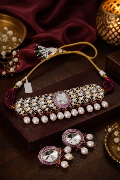 the Zevar Kundan Bridal Jewelry Set Zevar Traditional Kundan & Pearl Choker Set with Ruby-Pink Accents