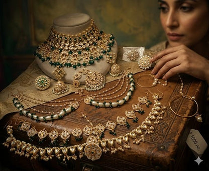 the Zevar Kundan Bridal Necklace Set Luxury Green Kundan Bridal Choker Set with Pearl Drops & Complete Wedding Accessories