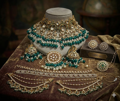 the Zevar Kundan Bridal Necklace Set Royal Emerald & Pearl Kundan Bridal Jewelry Set with Choker