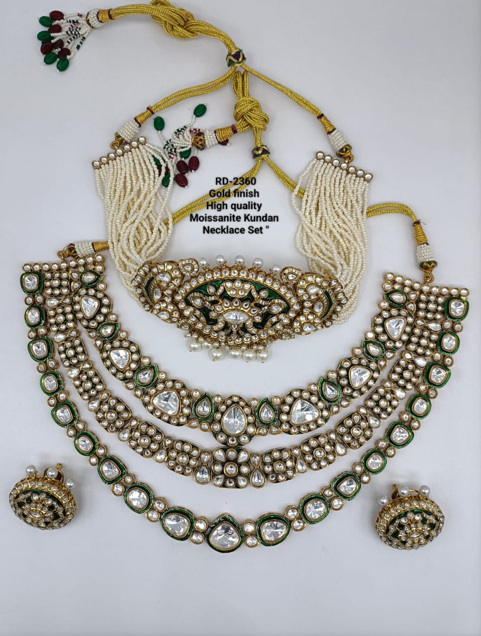 the Zevar Kundan Bridal Necklace Set Royal Gold Finish Moissanite Kundan Bridal Necklace Set with Pearl Strings