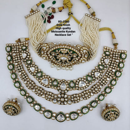 the Zevar Kundan Bridal Necklace Set Royal Gold Finish Moissanite Kundan Bridal Necklace Set with Pearl Strings