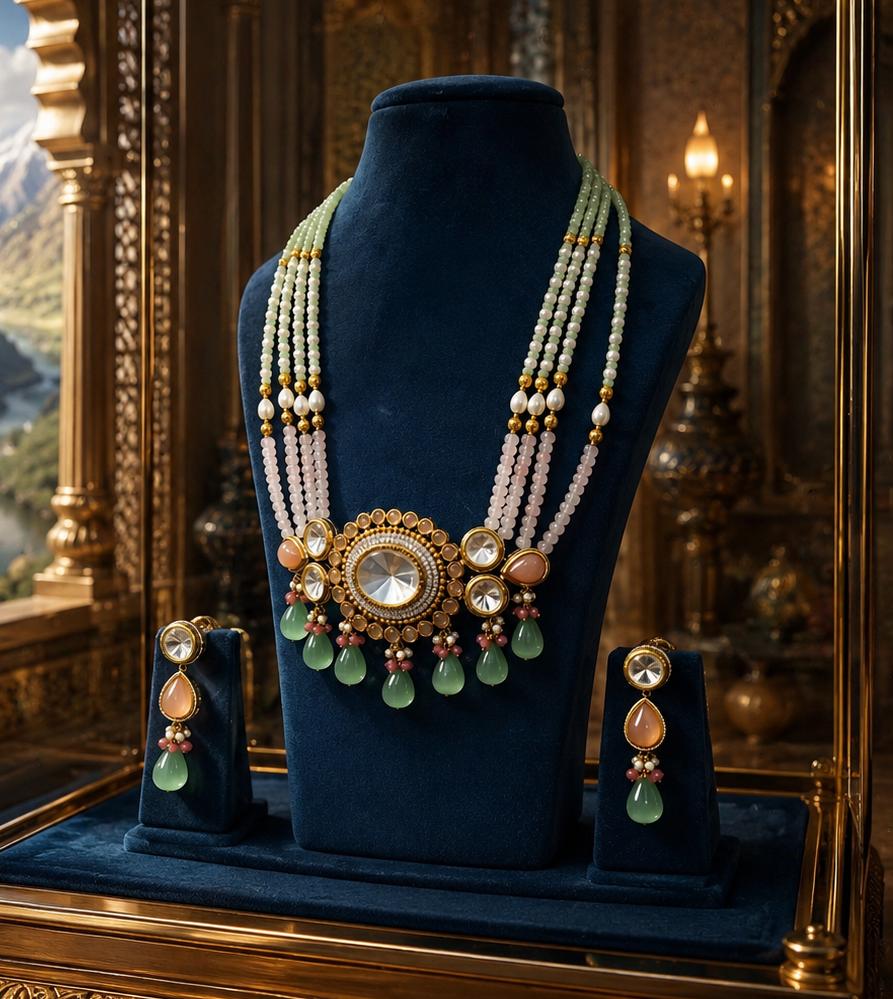 the Zevar Kundan Bridal Set Royal Sabyasachi-Inspired Pastel Kundan Long Necklace Collection