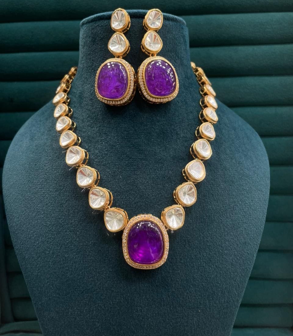 the Zevar Kundan Pulki Bridal Jewelry Set Dark blue The Begum Collection: Imperial Violet Polki String Set