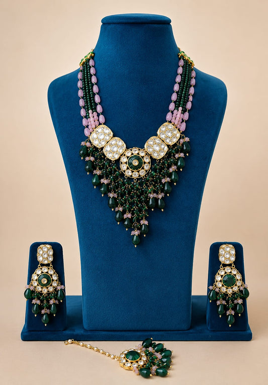 the Zevar Kundan Pulki Bridal Jewelry Set Heavy Multi-Strand Faux Polki Kundan  & Bead Bridal Set