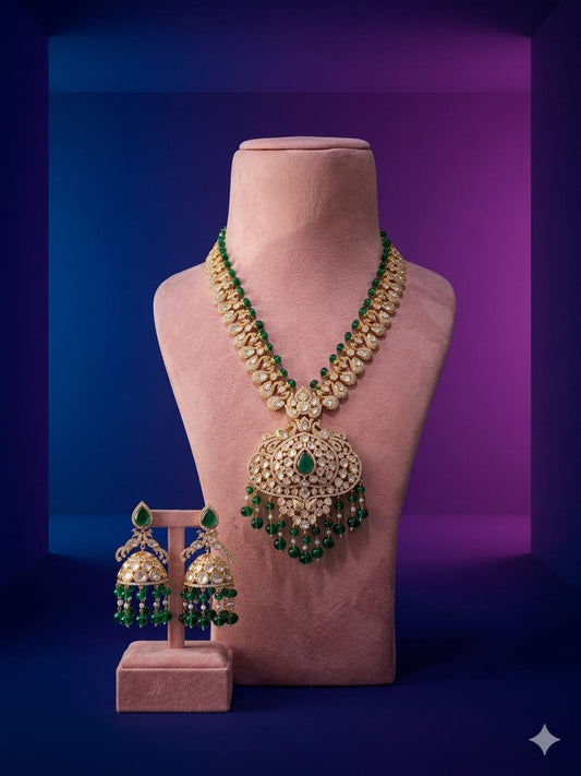 the Zevar Kundan Pulki Bridal Jewelry Set Regal Polki & Emerald Inspired Kundan Necklace Set with Jhumkas