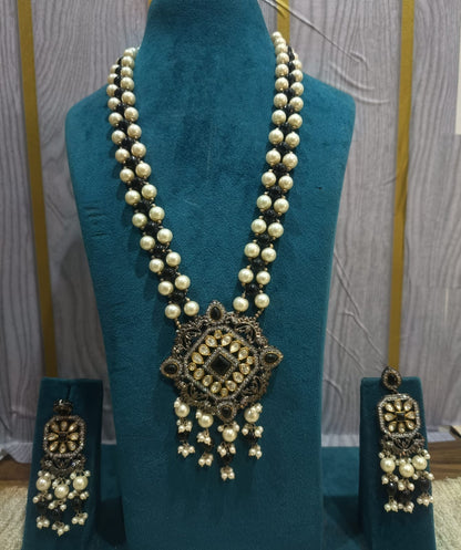 the Zevar Long necklace Antique Finish Pearl & Black Beads Long Necklace Set with Statement Pendant
