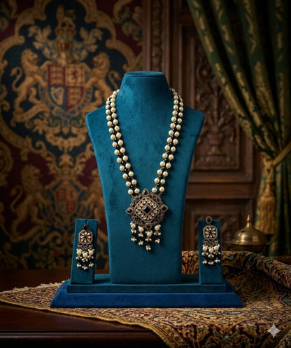 the Zevar Long necklace Antique Finish Pearl & Black Beads Long Necklace Set with Statement Pendant