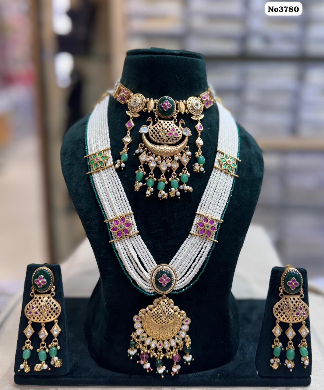 the Zevar long necklace Multicolor Royal Layered Bridal Kundan Set – Choker & Long Rani Haar with Faux Emeralds and Rubies