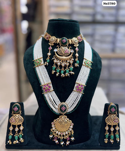 the Zevar long necklace Multicolor Royal Layered Bridal Kundan Set – Choker & Long Rani Haar with Faux Emeralds and Rubies