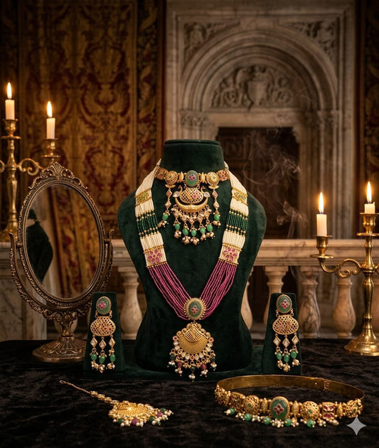 the Zevar long necklace Royal Layered Bridal Kundan Set – Choker & Long Rani Haar with Faux Emeralds and Rubies