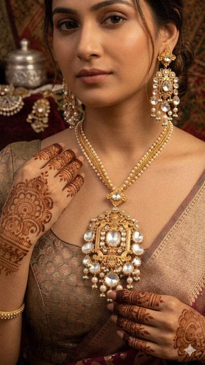 the Zevar Long Necklace Set With Matching Earring Gold Grand Antique Gold Faux Polki Long Necklace Set with Oversized Pendant & Pearls