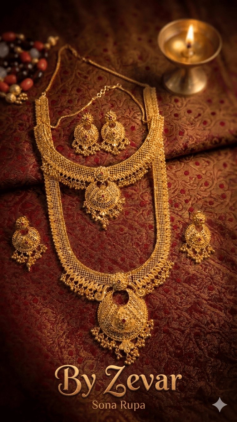 the Zevar Long Necklace Set With Matching Earring Gold-Plated Choker Set with Antique Filigree Detailing