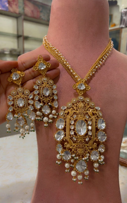 the Zevar Long Necklace Set With Matching Earring Grand Antique Gold Faux Polki Long Necklace Set with Oversized Pendant & Pearls
