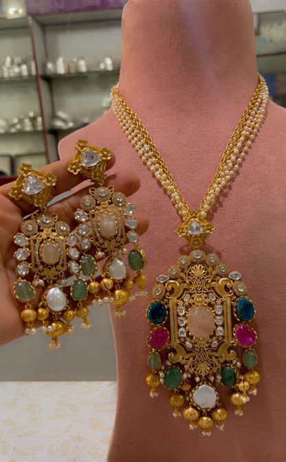 the Zevar Long Necklace Set With Matching Earring Grand Antique Gold Faux Polki Long Necklace Set with Oversized Pendant & Pearls