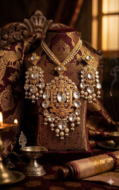the Zevar Long Necklace Set With Matching Earring Grand Antique Gold Faux Polki Long Necklace Set with Oversized Pendant & Pearls
