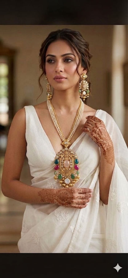 the Zevar Long Necklace Set With Matching Earring Multicolor Grand Antique Gold Faux Polki Long Necklace Set with Oversized Pendant & Pearls