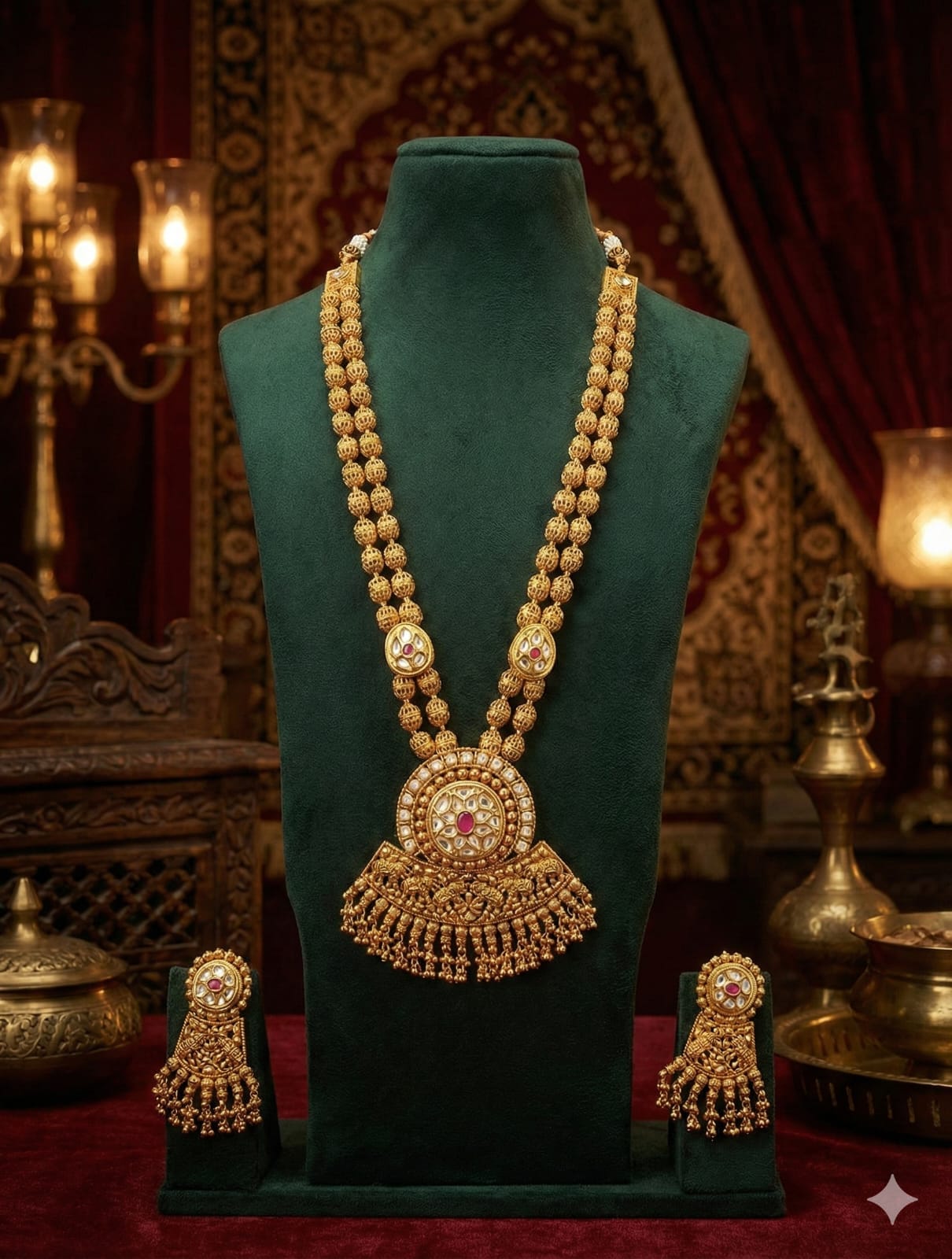 the Zevar Long Necklace Set With Matching Earring Royal Antique Kundan Gold-Tone Long Necklace Set with Matching Earrings