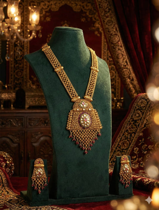 the Zevar Long Necklace Set With Matching Earring Royal Antique Kundan Gold-Tone Long Necklace Set with Matching Earrings
