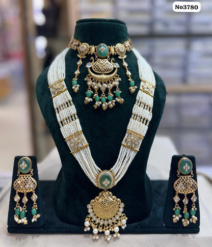 the Zevar long necklace White Royal Layered Bridal Kundan Set – Choker & Long Rani Haar with Faux Emeralds and Rubies