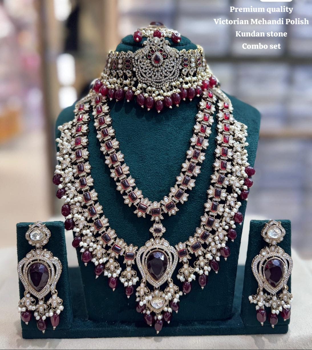 the Zevar Mehandi Polish Kundan Bridal Set Maroon Victorian Mehandi Polish Kundan  Bridal Set