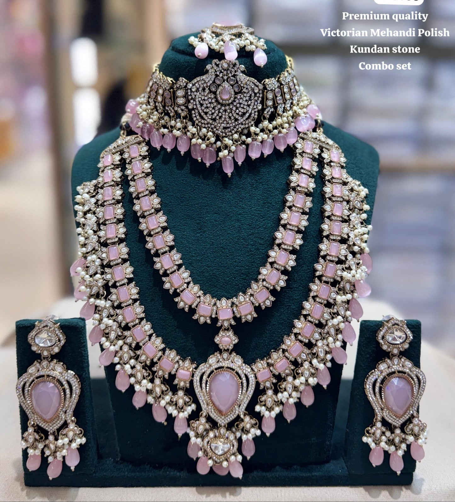 the Zevar Mehandi Polish Kundan Bridal Set Pink Victorian Mehandi Polish Kundan  Bridal Set