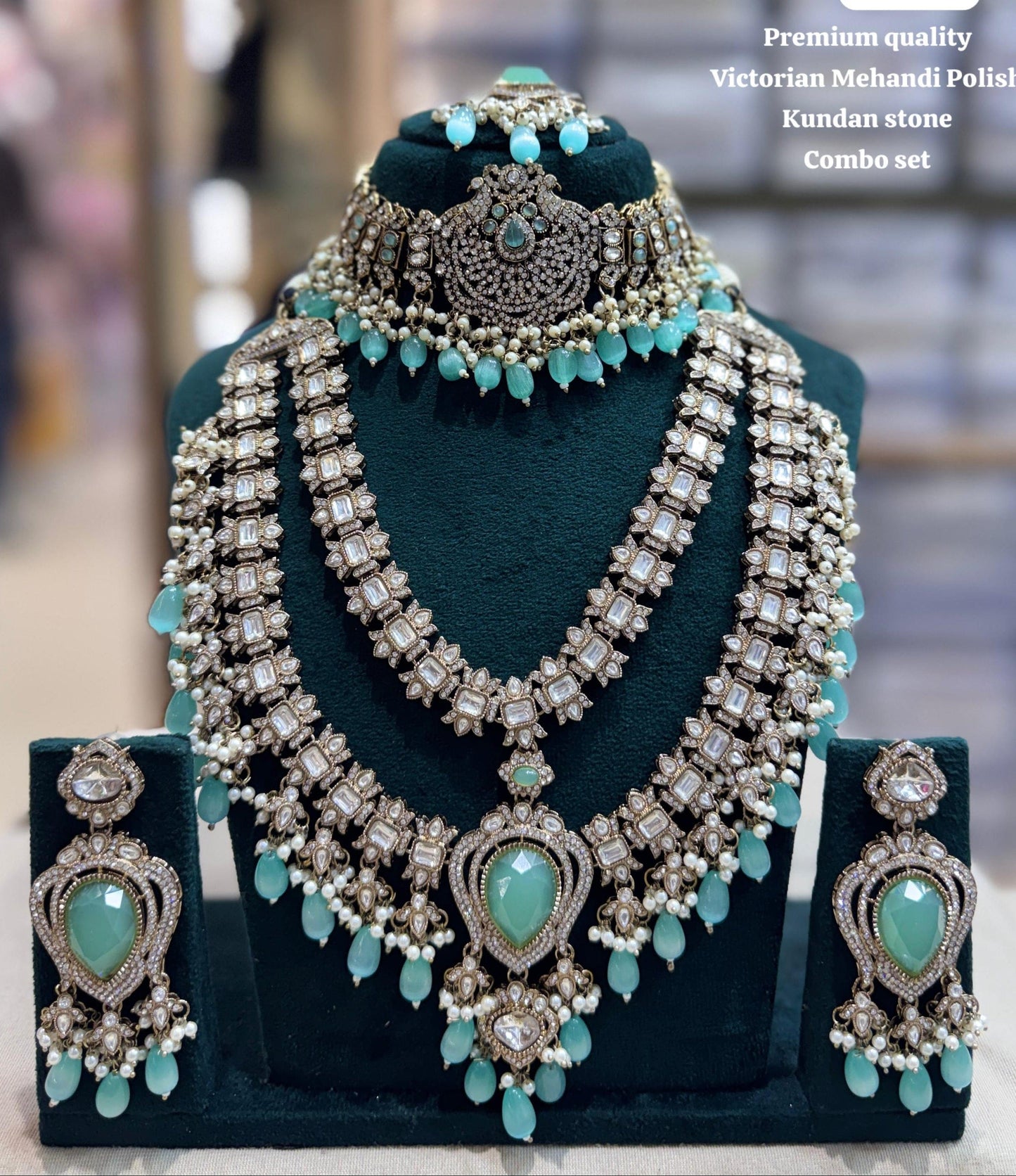 the Zevar Mehandi Polish Kundan Bridal Set sea green Victorian Mehandi Polish Kundan  Bridal Set