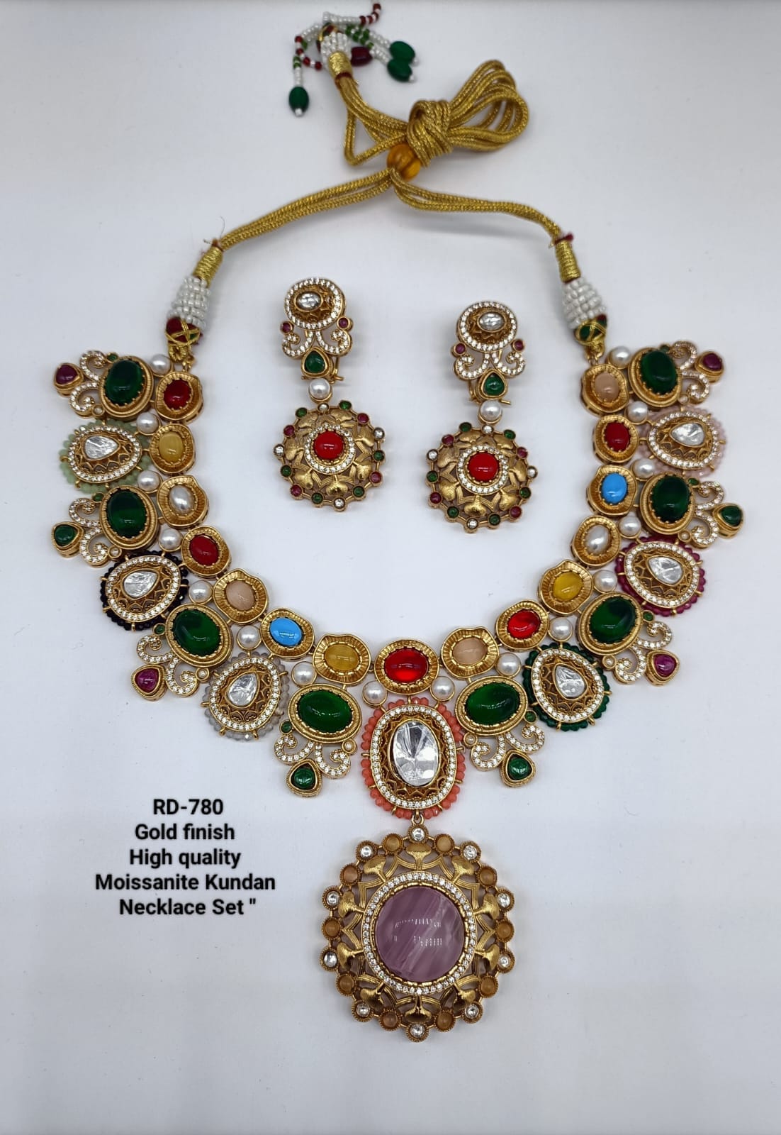 the Zevar Moissanite Kundan Necklace Set light pink Sabyasachi Inspiring Multicolor Stone Necklace