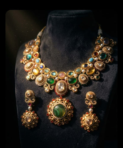 the Zevar Moissanite Kundan Necklace Set Sabyasachi Inspiring Multicolor Stone Necklace