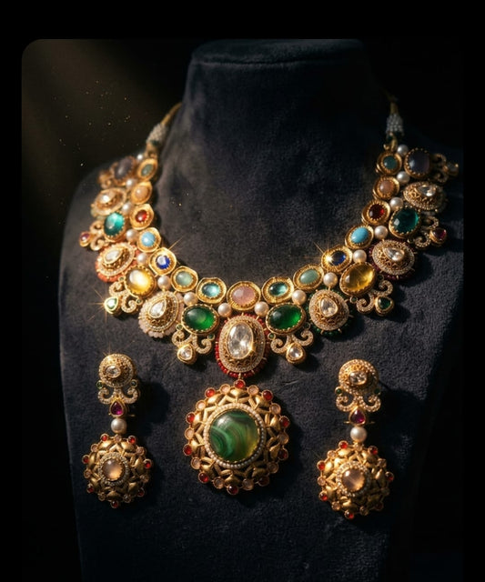 the Zevar Moissanite Kundan Necklace Set Sabyasachi Inspiring Multicolor Stone Necklace